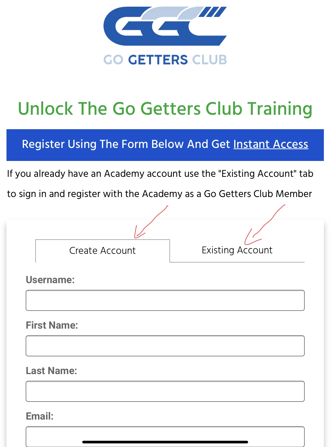 Go Getters Club Academy Registration Page 