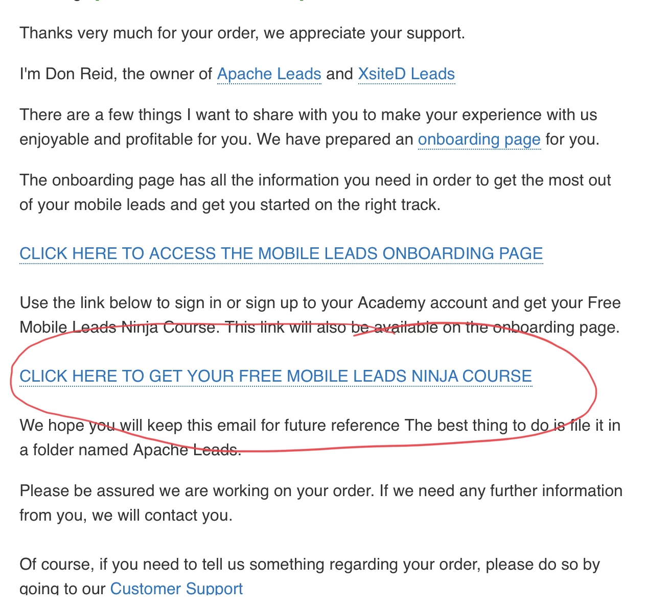Mobile Leads Ninja Access - Email Link